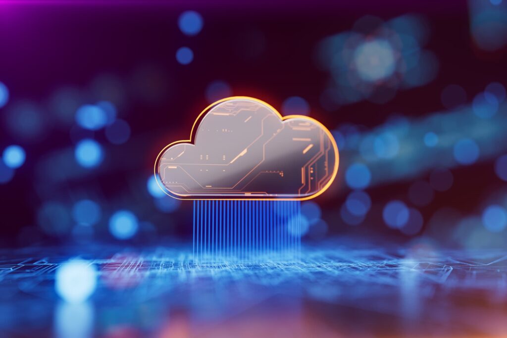 Cloud migration services illustration showing data transfer from on-premise servers to secure cloud infrastructure.