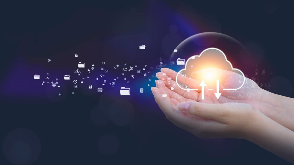 Hands holding a glowing cloud with digital sparkles, symbolizing cloud migration services and secure data transfer