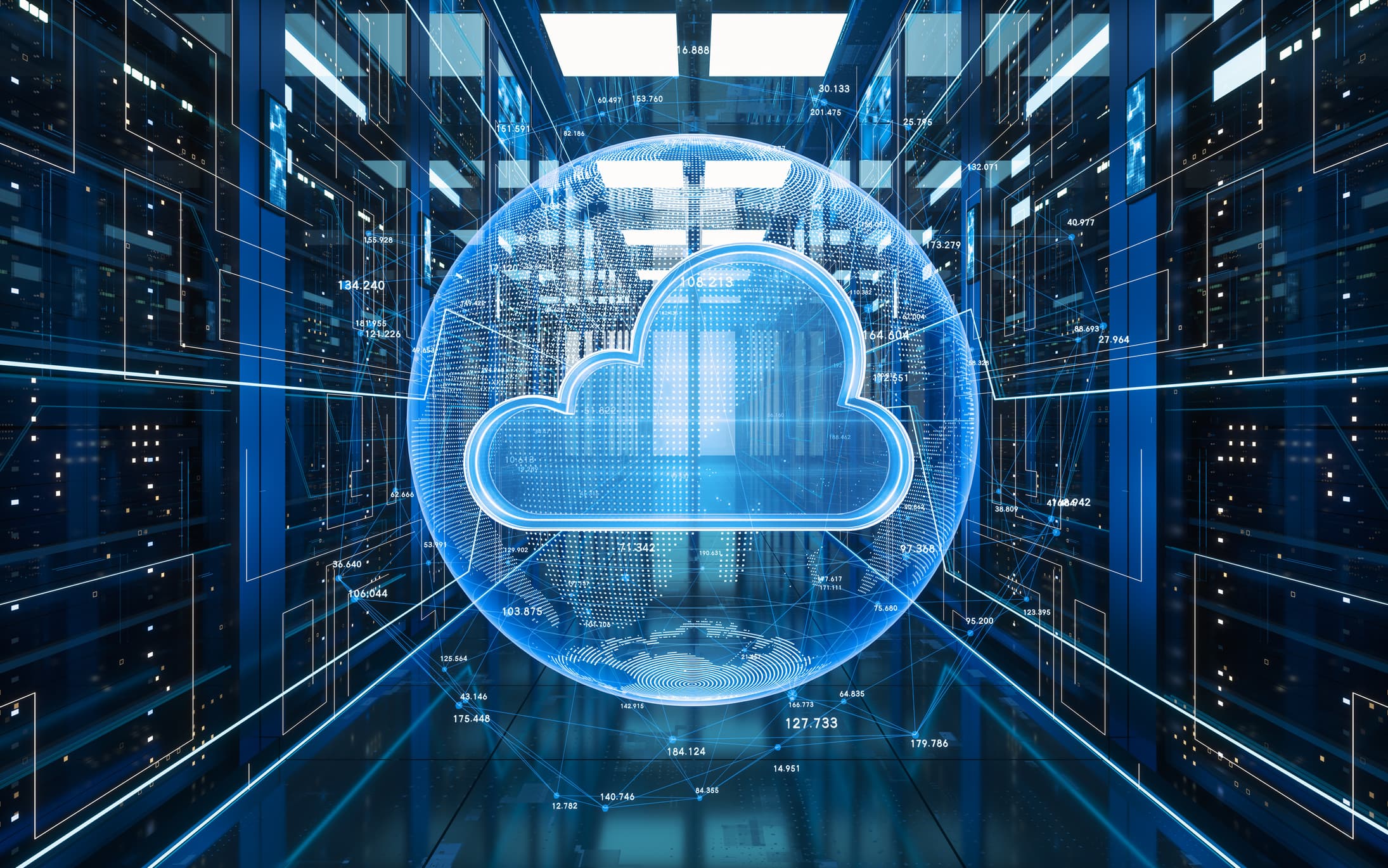 A glowing cloud computing icon is the central point for futuristic, circuit-like lines on a dark background, representing the flow of data and digital network infrastructure.
