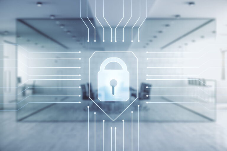 Digital padlock icon over office background symbolizing layered security and multiple cybersecurity defenses
