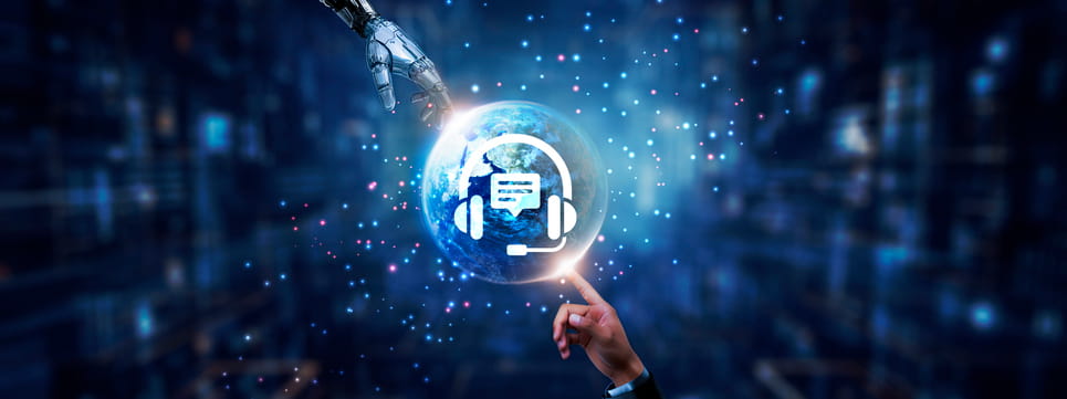 Co-Managed IT concept showing human and robotic collaboration with global digital support icons